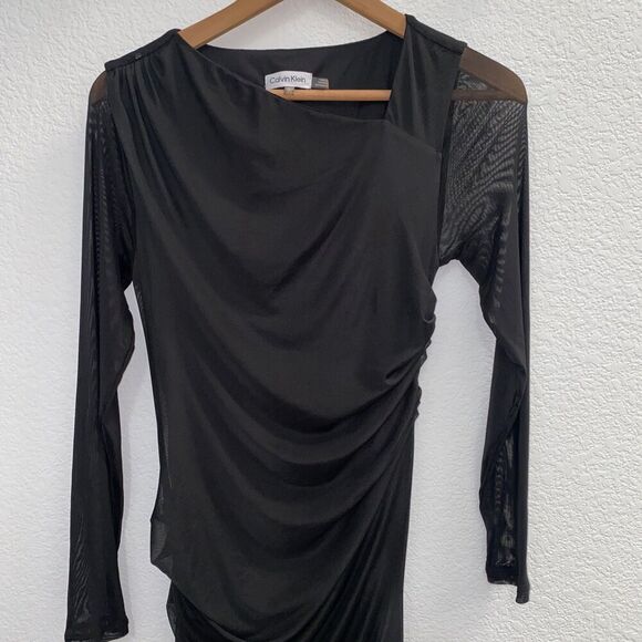 Calvin Klein Women's Asymmetric Hem Ruched Midi Black Sheath Dress Small - Picture 7 of 14